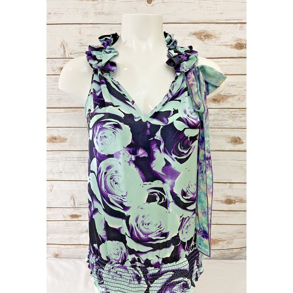 Karen Kane Sleeveless Ruffled Silk BLOUSE Size S Small Purple Green Floral Tie
